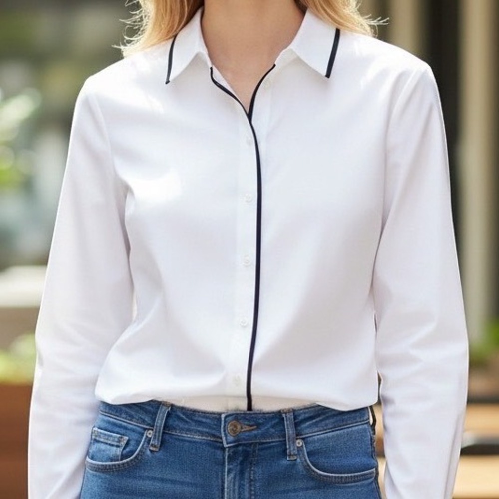 Banana Republic White Tailored Fit Contrast Piping Button Down Shirt Size 14